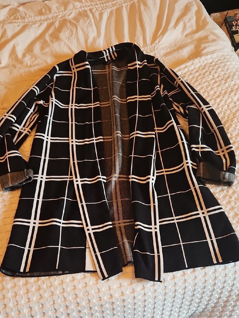 Premise Black and White Windowpane Open-Front Cardigan LG